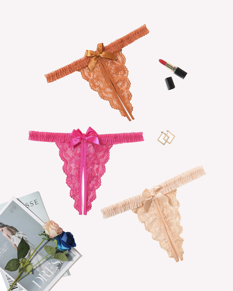 Floral lace panties with ribbon ties, orange, hot pink, and beige