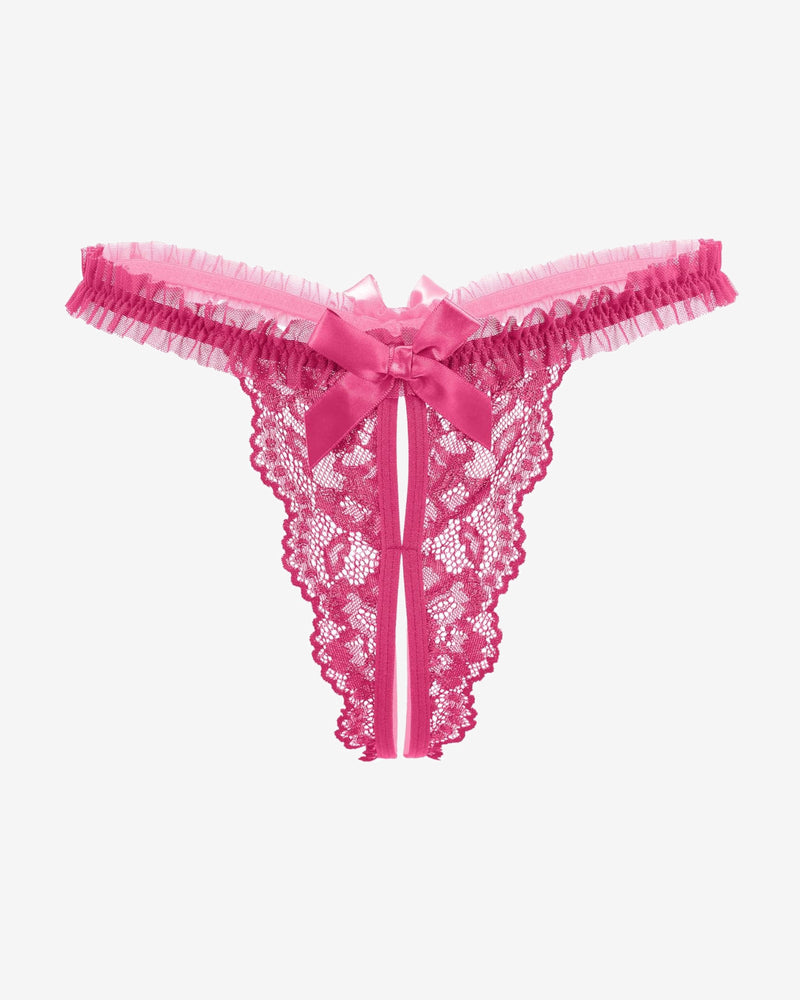 Pink lace thong panties with frilly elastic waistband and center bow