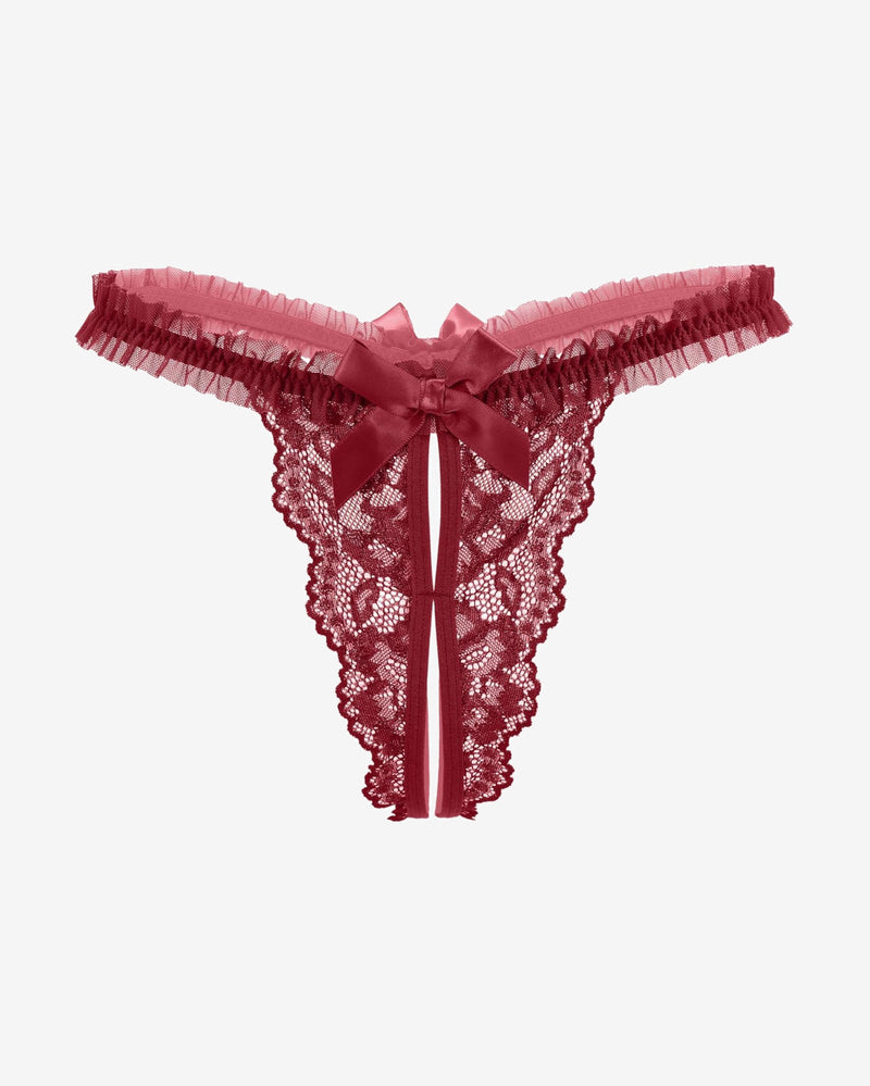 Wine red lace thong panties with frilly elastic waistband and center bow