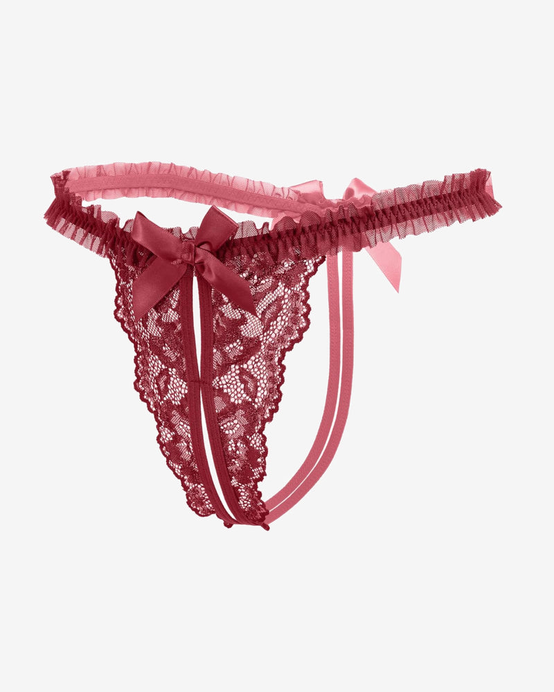 Floral lace thong panties in dark red with lace trim, bow, and satin side straps