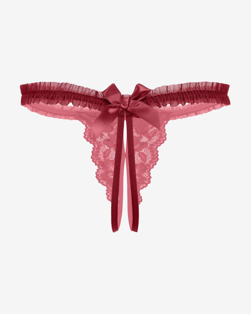 Floral lace thong panties in rose pink with bow at center and satin side ties