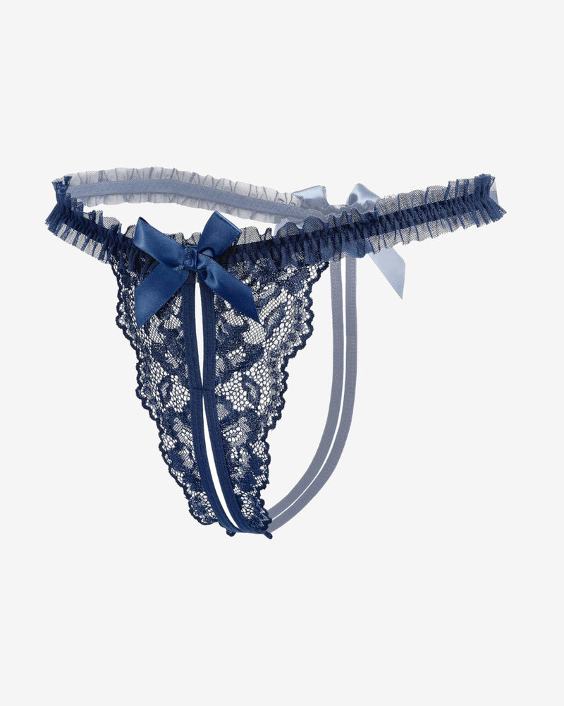 Floral lace thong panties in navy blue with bow at center and satin side ties