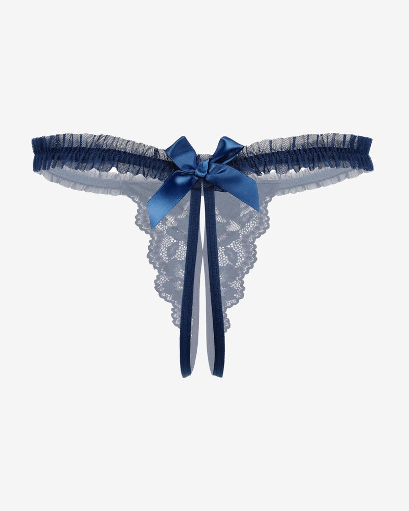 Floral lace thong panties in blue with center bow and long satin ribbon ties