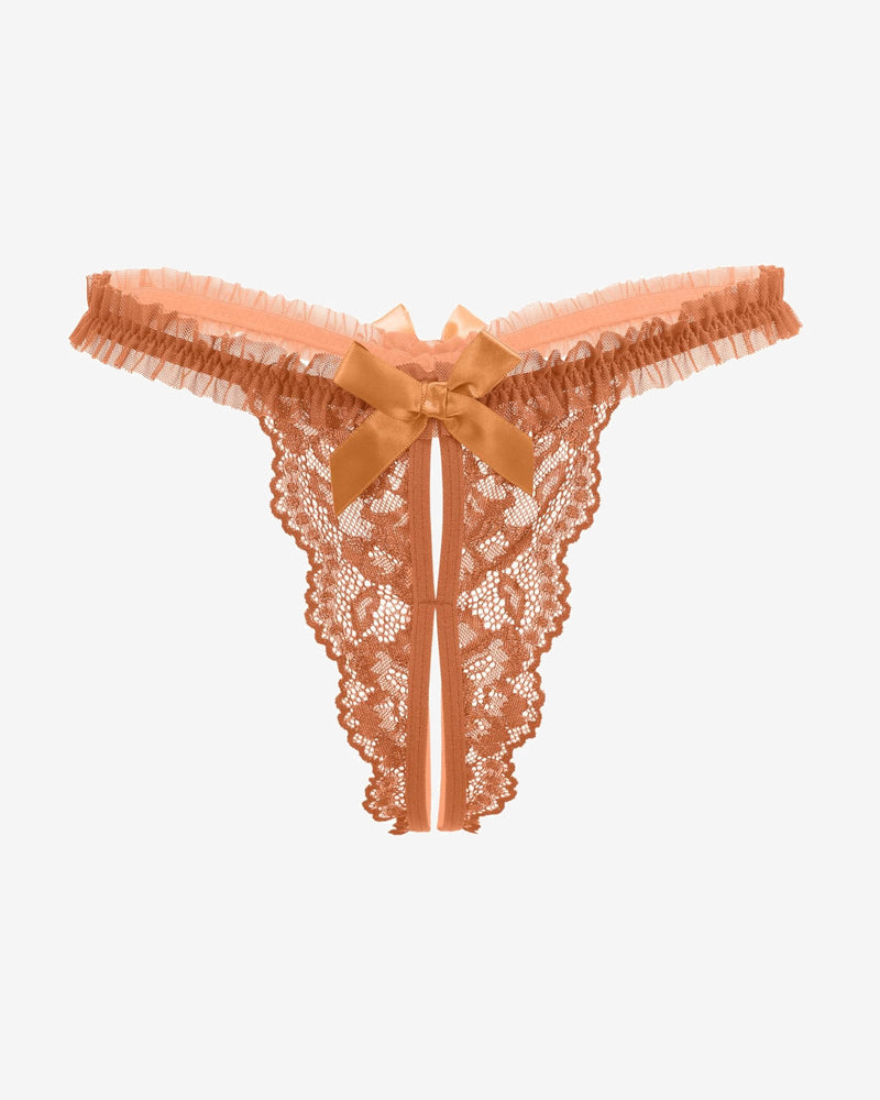 Floral lace thong panties in orange with ruffled waistband, center bow, and satin ties