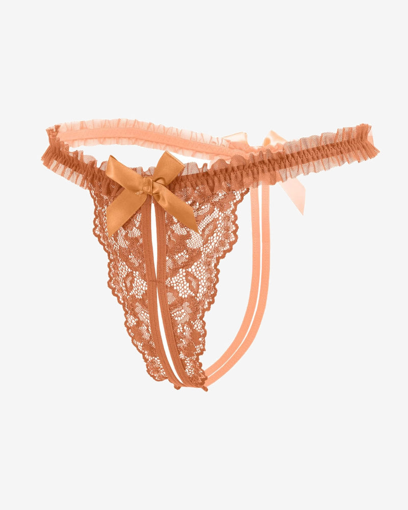 Floral lace thong panties in peachy orange with center bow and vertical satin trim