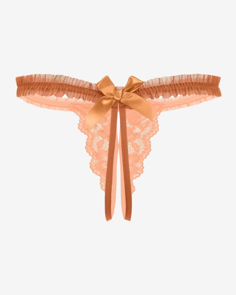 Floral lace thong panties in orange with center bow and long hanging satin ties