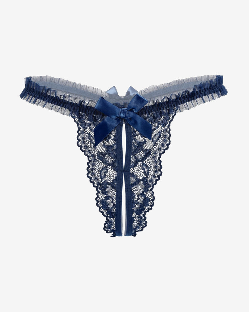 Navy blue lace thong panties with frilly elastic waistband and center bow