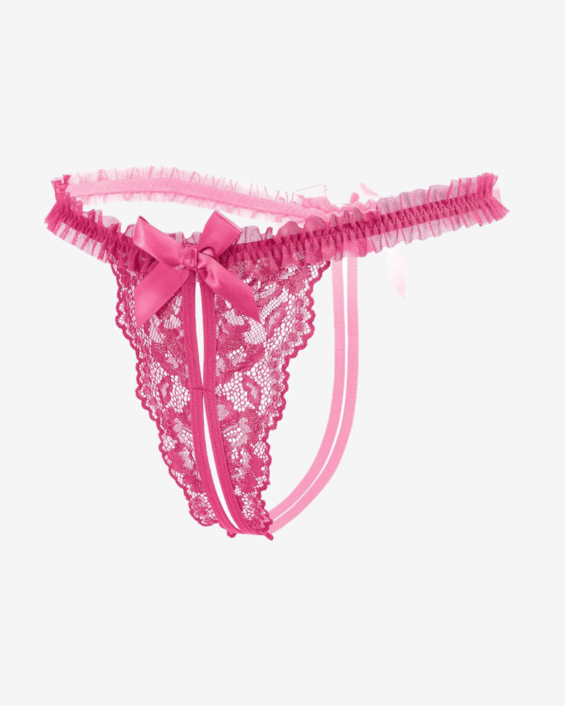 Rose pink lace thong panties with frilly elastic waistband and center bow