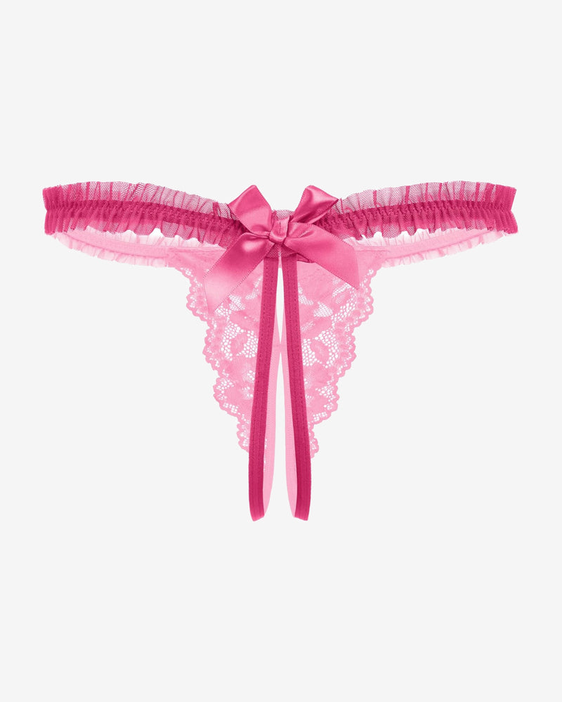 Hot pink lace thong panties with frilly elastic waistband and center bow