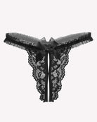 Black lace thong panties with gray ruffled waistband and center bow