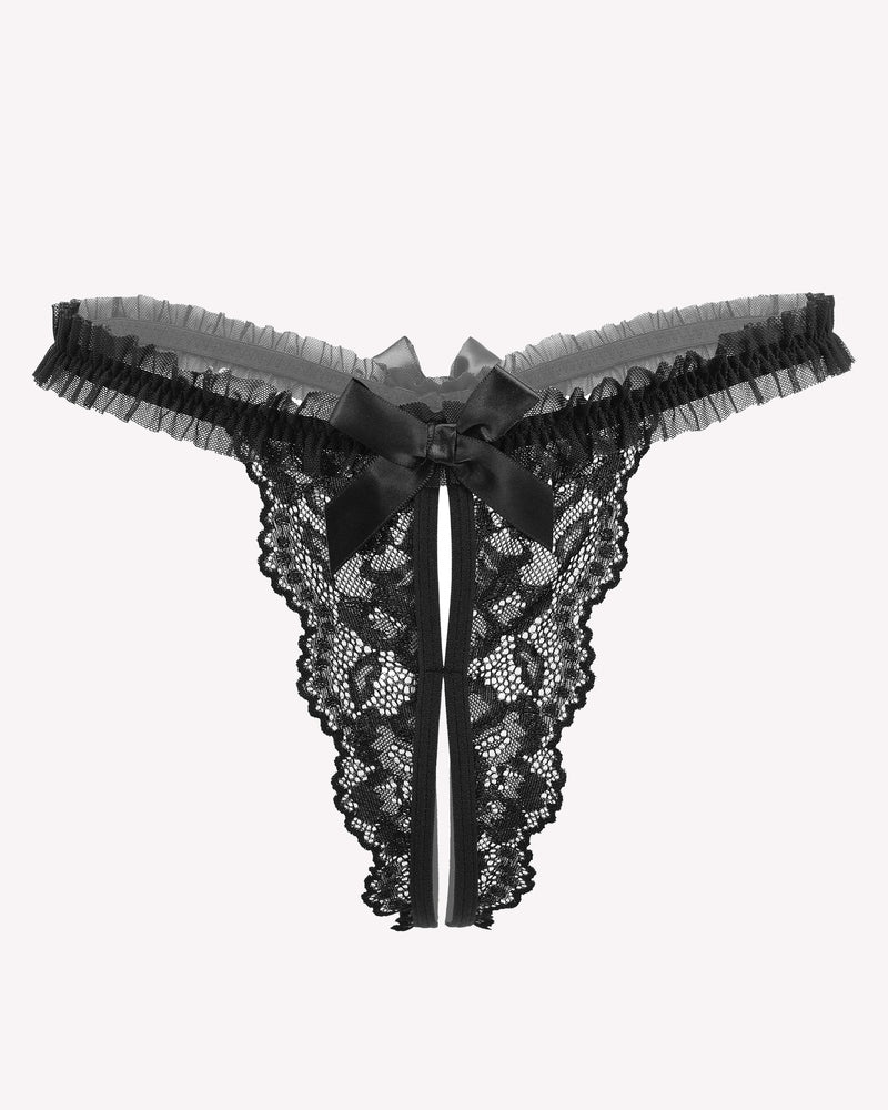 Black lace thong panties with gray ruffled waistband and center bow