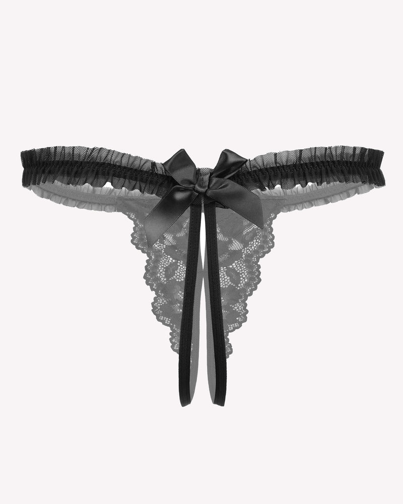 Black lace thong panties with gray ruffled waistband and bow with ribbon ties