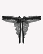 Black lace thong panties with gray ruffled waistband and bow with ribbon ties