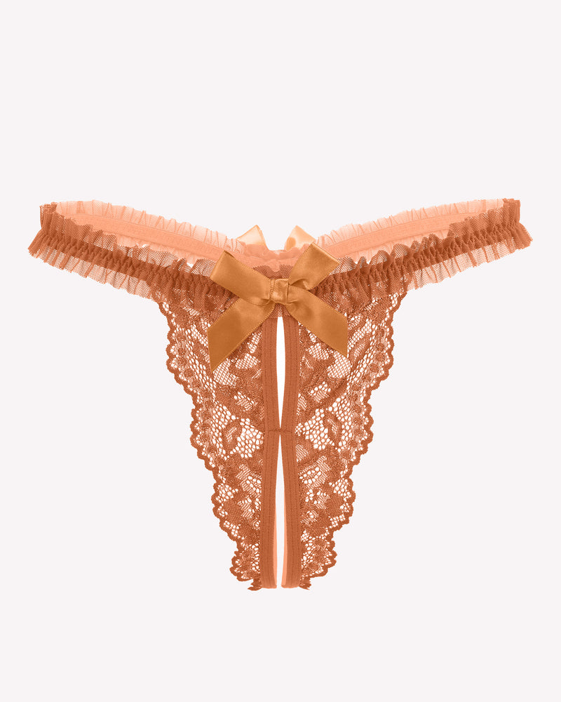 Apricot lace thong panties with wide ruffled waistband and center bow