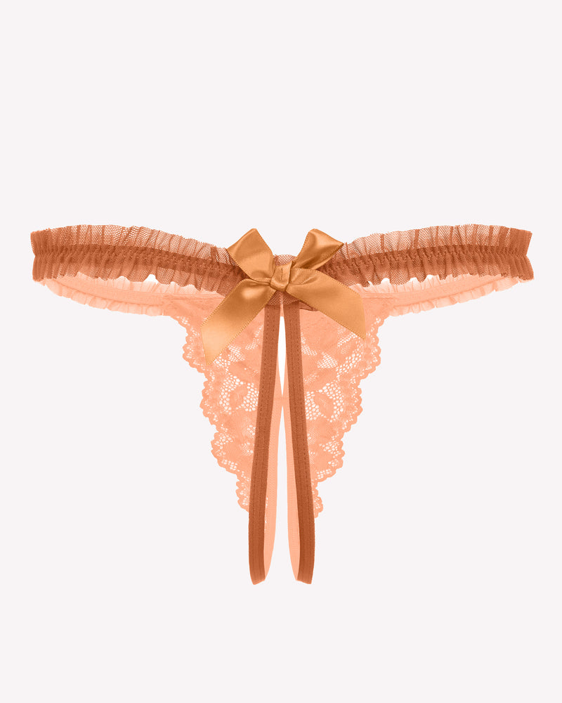 Orange lace thong panties with ruffled waistband and center bow with ribbon ties