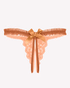 Orange lace thong panties with ruffled waistband and center bow with ribbon ties
