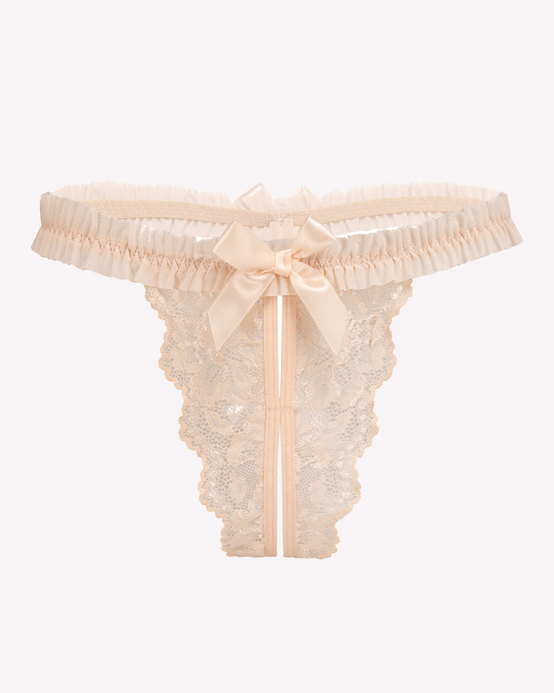 Floral lace thong panties, cream with satin bow and dangling ribbon ties