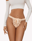 Beige lace thong panties with ruffled waistband and bow at center front