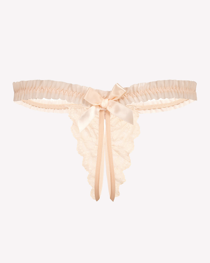Floral lace thong panties, ivory with front seam and satin bow ribbon ties