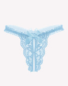 Floral lace thong panties, light blue with satin bow and long ribbon ties