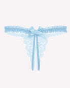 Floral lace thong panties, powder blue with center bow and ribbon drape