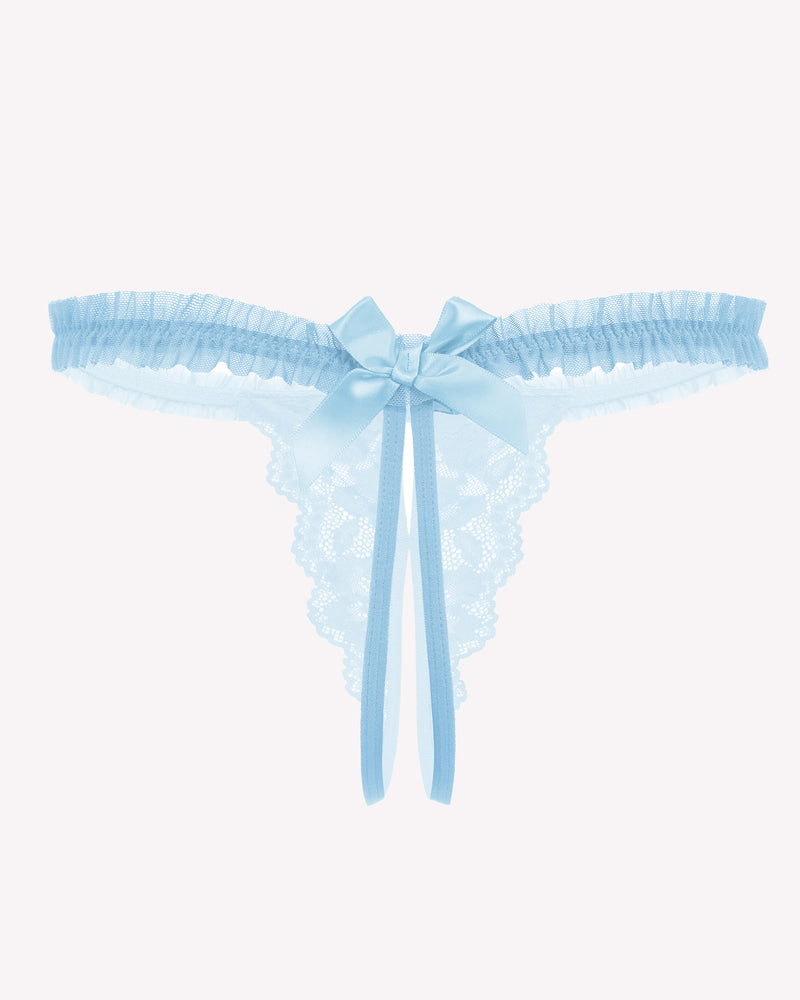 Floral lace thong panties, powder blue with center bow and ribbon drape