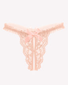 Floral lace thong panties, blush pink with satin bow and ribbon drawstring