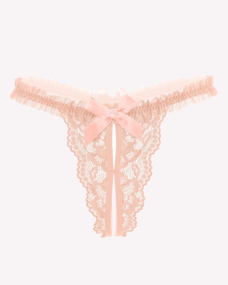 Floral lace thong panties, blush pink with satin bow and ribbon drawstring