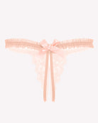 Floral lace thong panties, pale pink with center satin bow and long ribbon ties