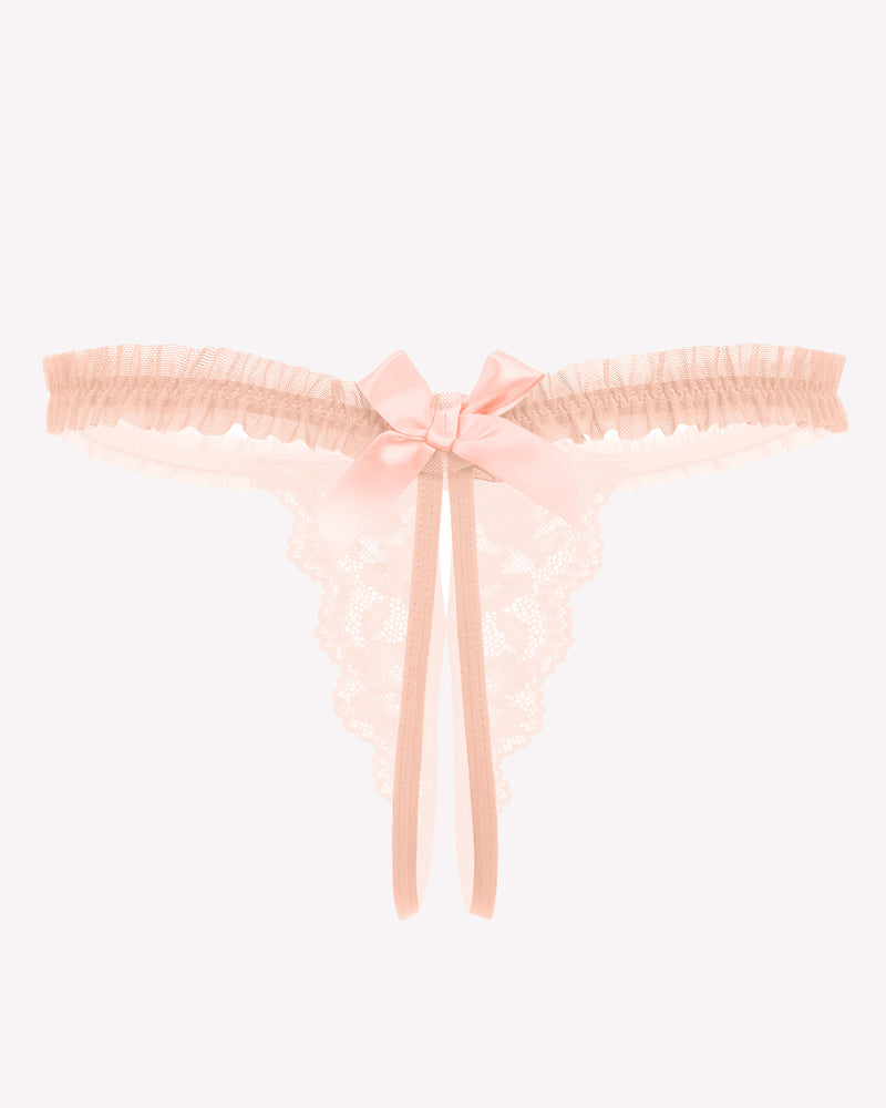 Floral lace thong panties, pale pink with center satin bow and long ribbon ties