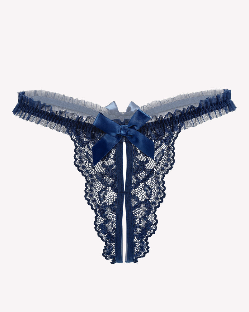 Navy blue floral lace thong panties with satin bow and scalloped trim