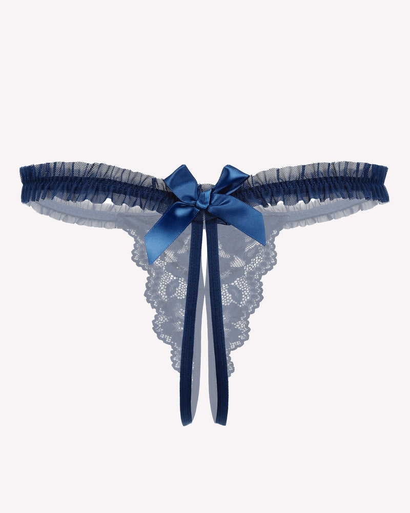 Floral lace thong panties, dark navy with blue satin bow and ribbon ties
