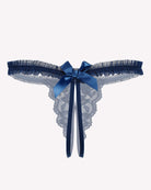 Floral lace thong panties, dark navy with blue satin bow and ribbon ties