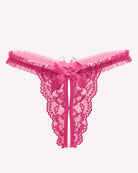 Pink floral lace thong panties with satin bow and scalloped trim