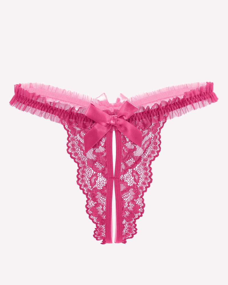 Pink floral lace thong panties with satin bow and scalloped trim