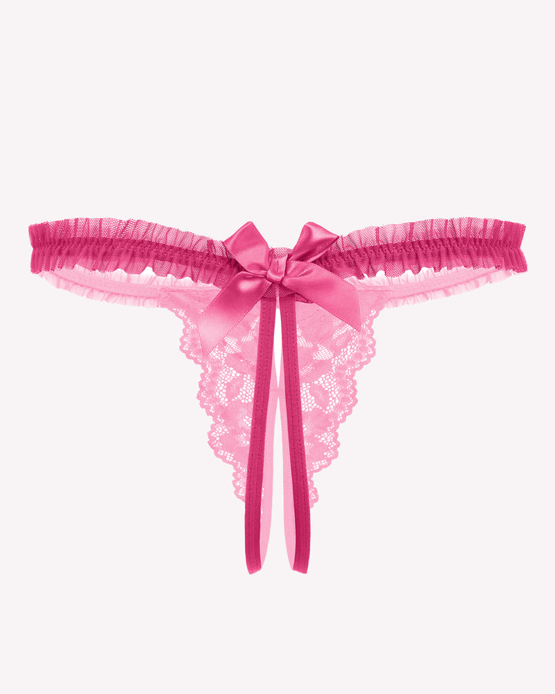 Light pink floral lace thong panties with satin bow and scalloped lace