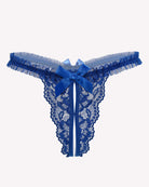 Floral lace thong panties, royal blue lace with satin bow and ribbon ties