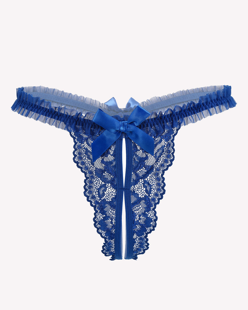 Floral lace thong panties, royal blue lace with satin bow and ribbon ties