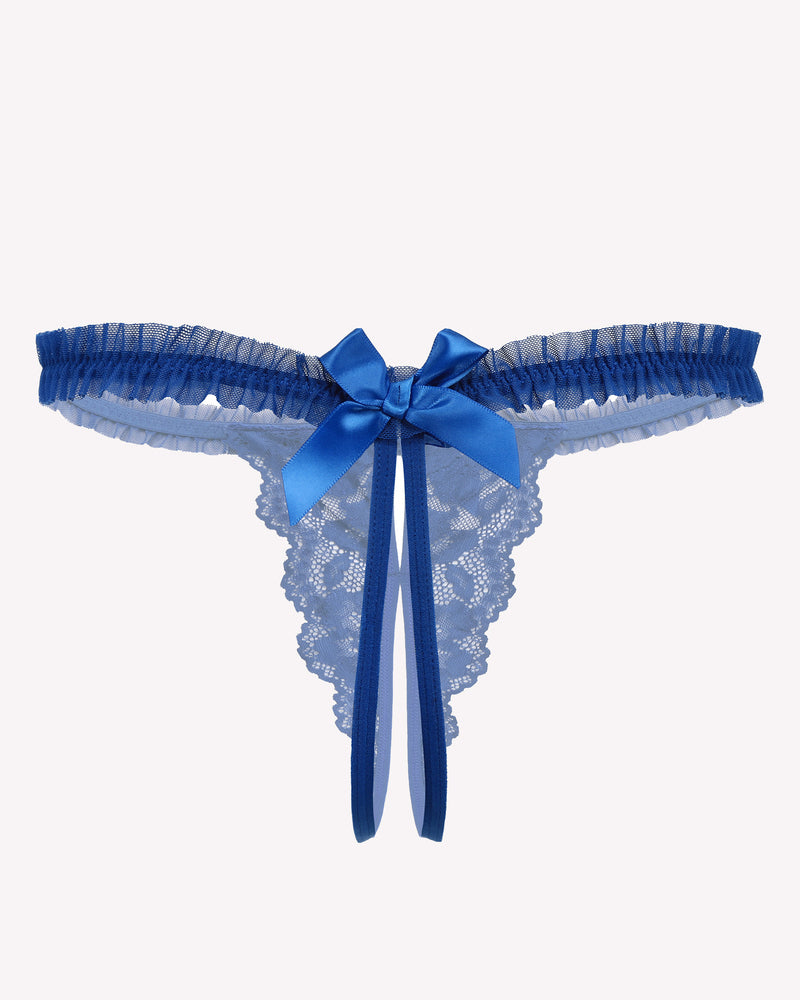 Blue floral lace thong panties with darker blue satin bow and scalloped trim