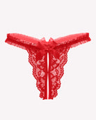 Floral lace thong panties, vivid red lace with center bow and ribbon ties
