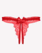 Rose-red floral lace thong panties with satin bow and scalloped edges