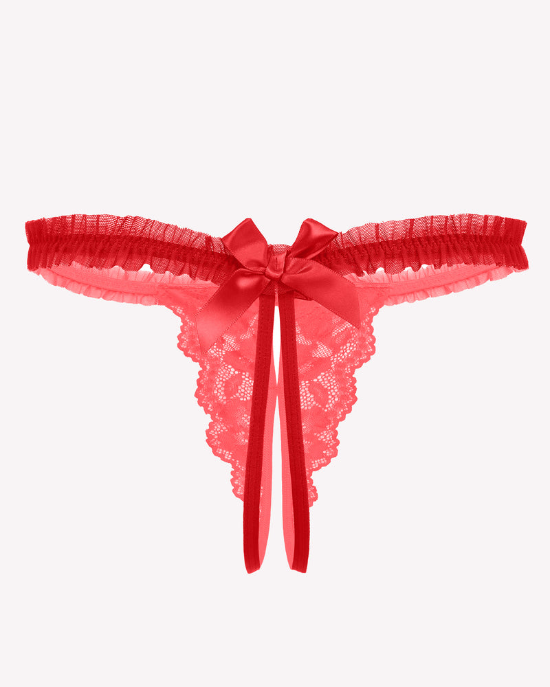 Rose-red floral lace thong panties with satin bow and scalloped edges