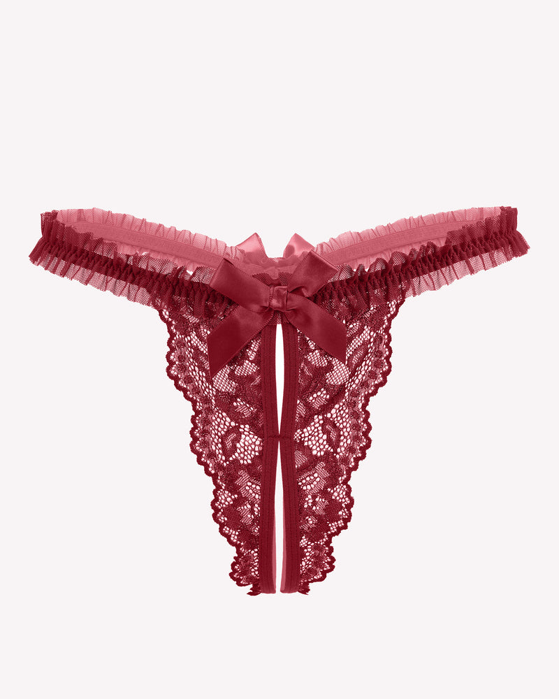 Wine-red floral lace thong panties with satin bow and scalloped lace