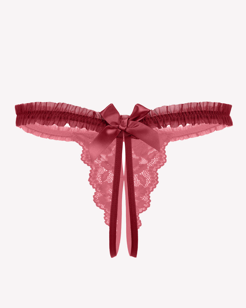 Red floral lace thong panties with satin bow and scalloped lace