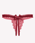 Red floral lace thong panties with satin bow and scalloped lace