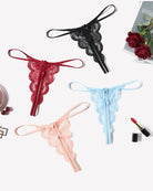 Lace low-rise thong panties with bows in black, red, light blue and peach (set)