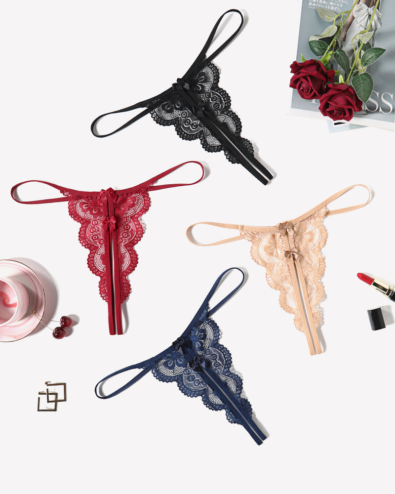 Lace low-rise thong panties with bows, black red beige and navy (set shown)