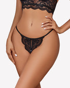 Black lace low-rise thong panties with bow tie detail and scalloped lace trim
