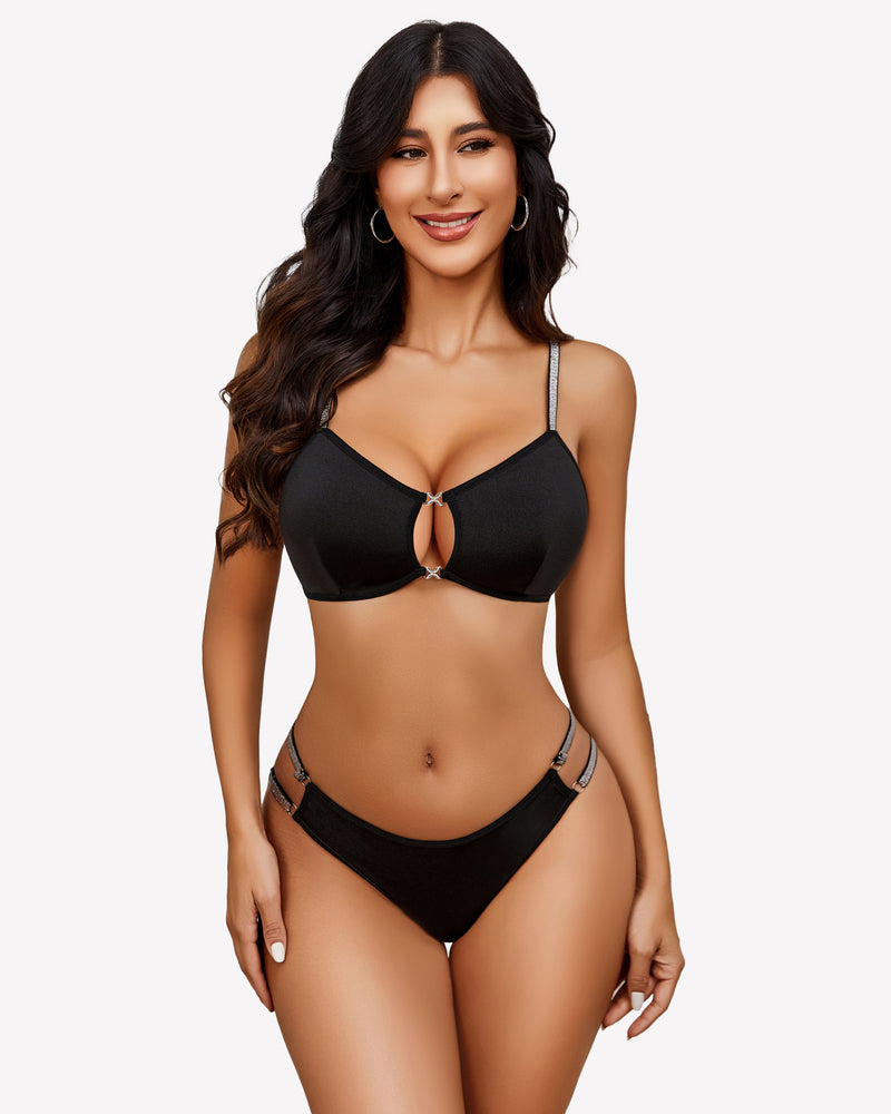 Black push-up cutout bra and panty set with keyhole center, underwire cups, thong back