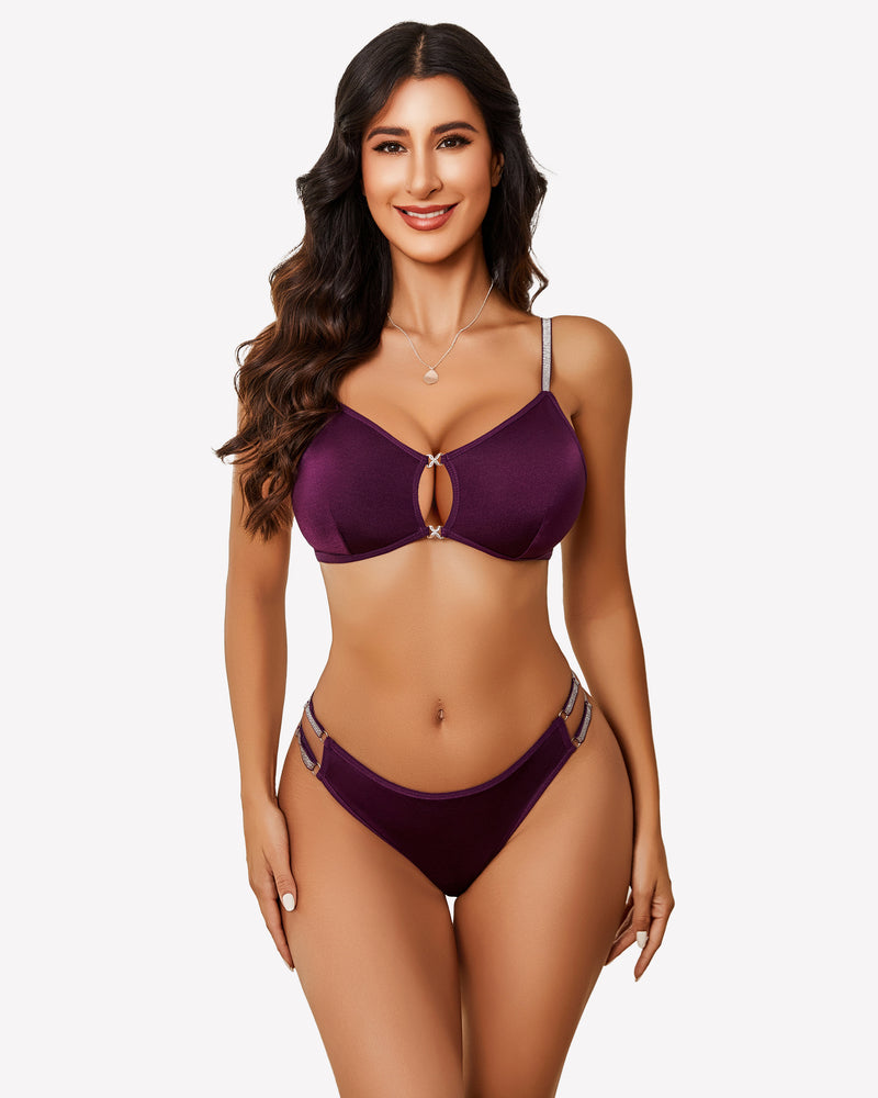 Purple push-up cutout bra and panty set with keyhole center and strappy thong sides